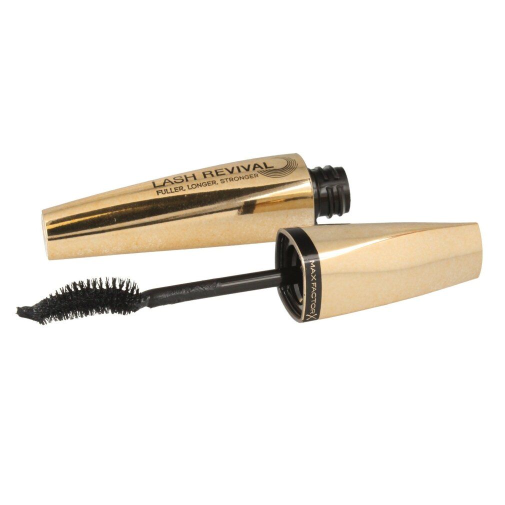Tubetto mascara dorato aperto con spazzola nera. Scritta: LASH REVIVAL. Testo: FULLER, LONGER, STRONGER.