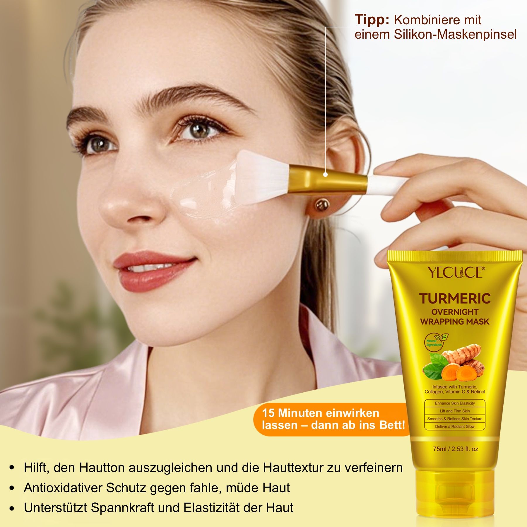 Donna che applica la maschera con un pennello.