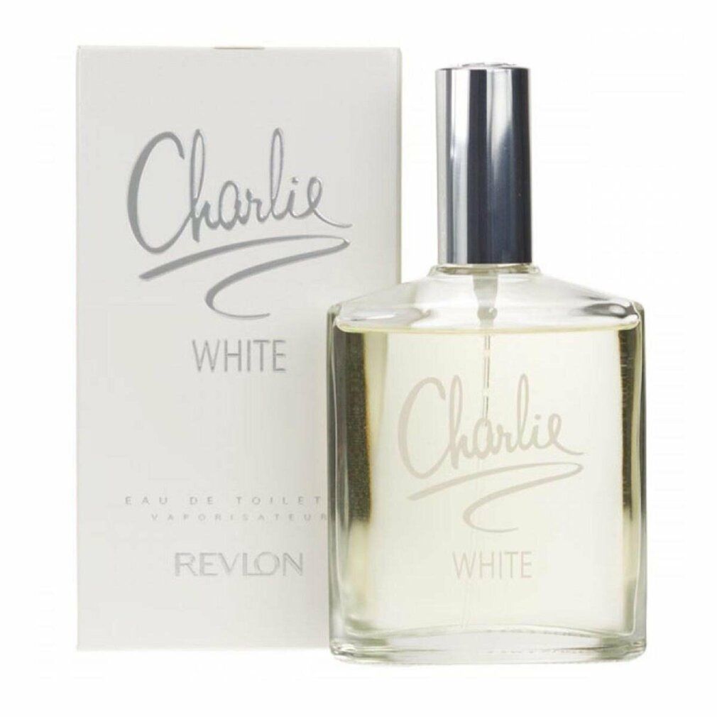 Flacone di profumo Charlie White e confezione. Sulla confezione sono visibili le scritte "Charlie White" e "Revlon".