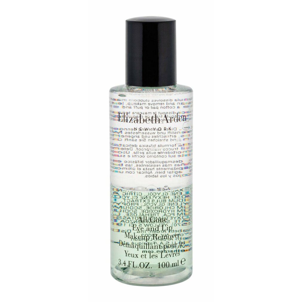 Flacone trasparente con tappo nero. Scritte: Elizabeth Arden, All Gone Eye and Lip Makeup Remover. 100 ml.