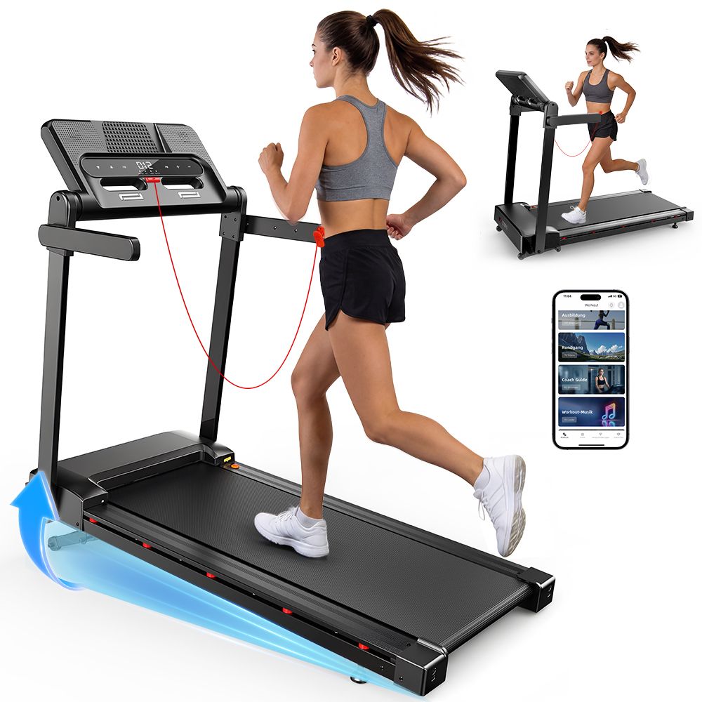 Donna che corre su tapis roulant nero. Frecce blu indicano l'inclinazione. Smartphone con display app.