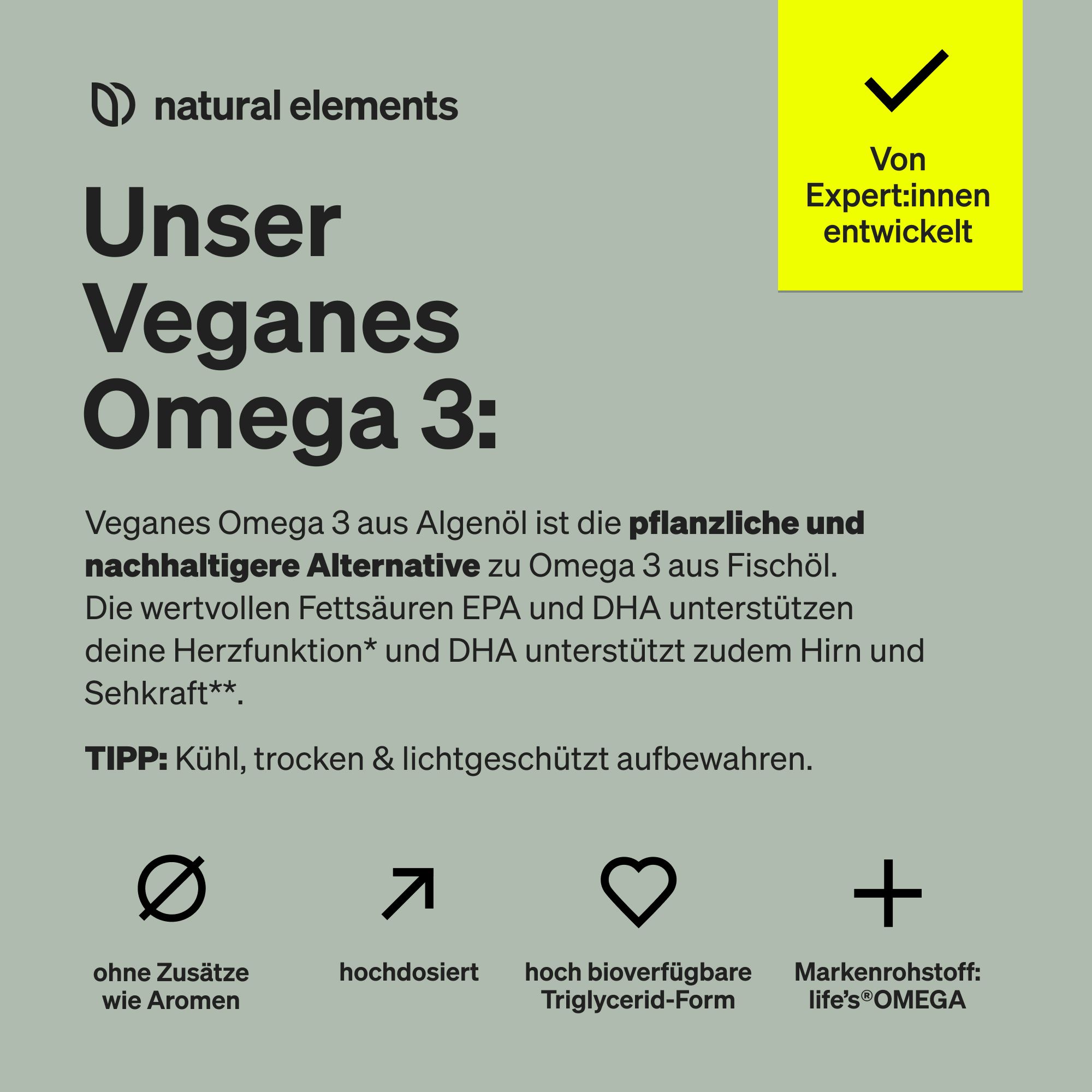 Testo con informazioni sull'omega 3 vegano dall'olio di alghe. Contiene informazioni sugli ingredienti e sui vantaggi. Marchio: natural elements.