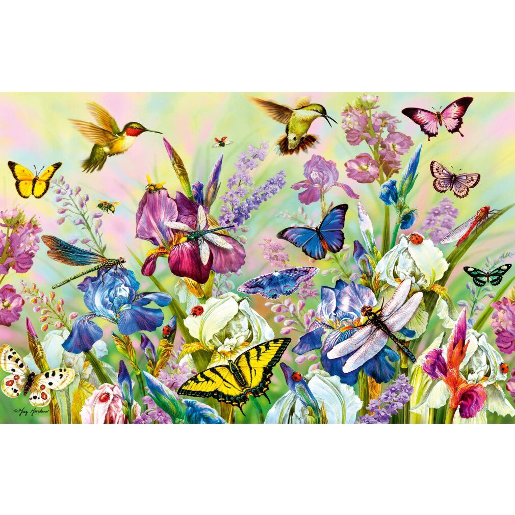 Puzzle con fiori, farfalle e libellule. Motivo colorato con insetti e fiori. Senza confezione.
