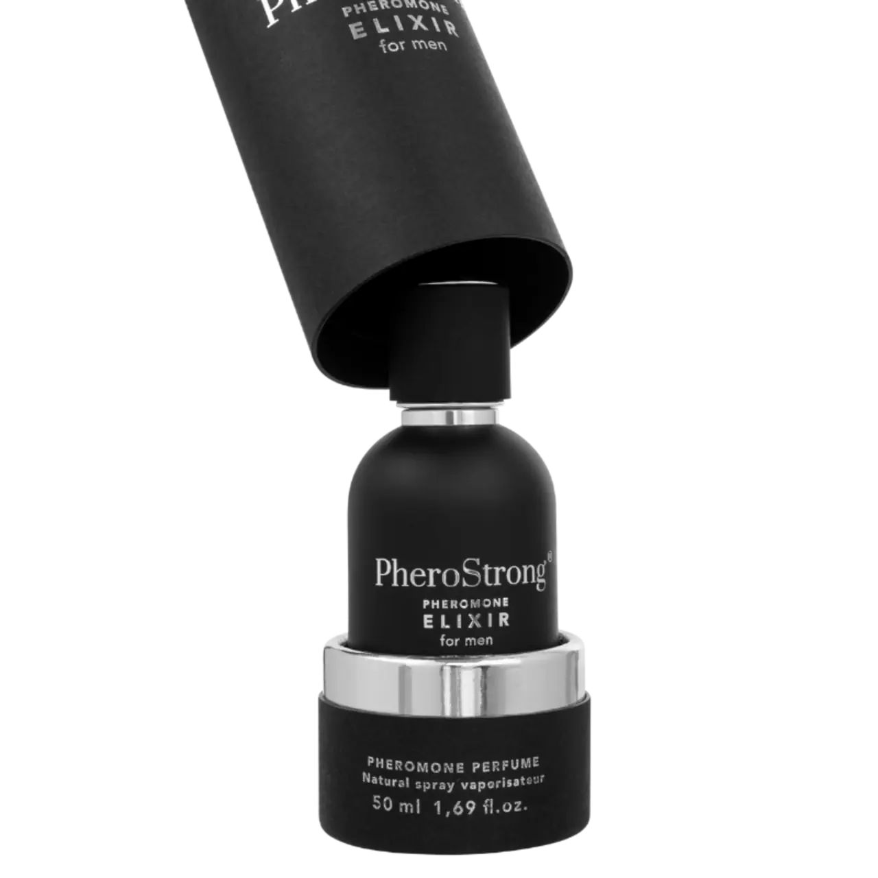 Flacone nella confezione. Scritta: PheroStrong Pheromone Elixir for men. 50 ml.