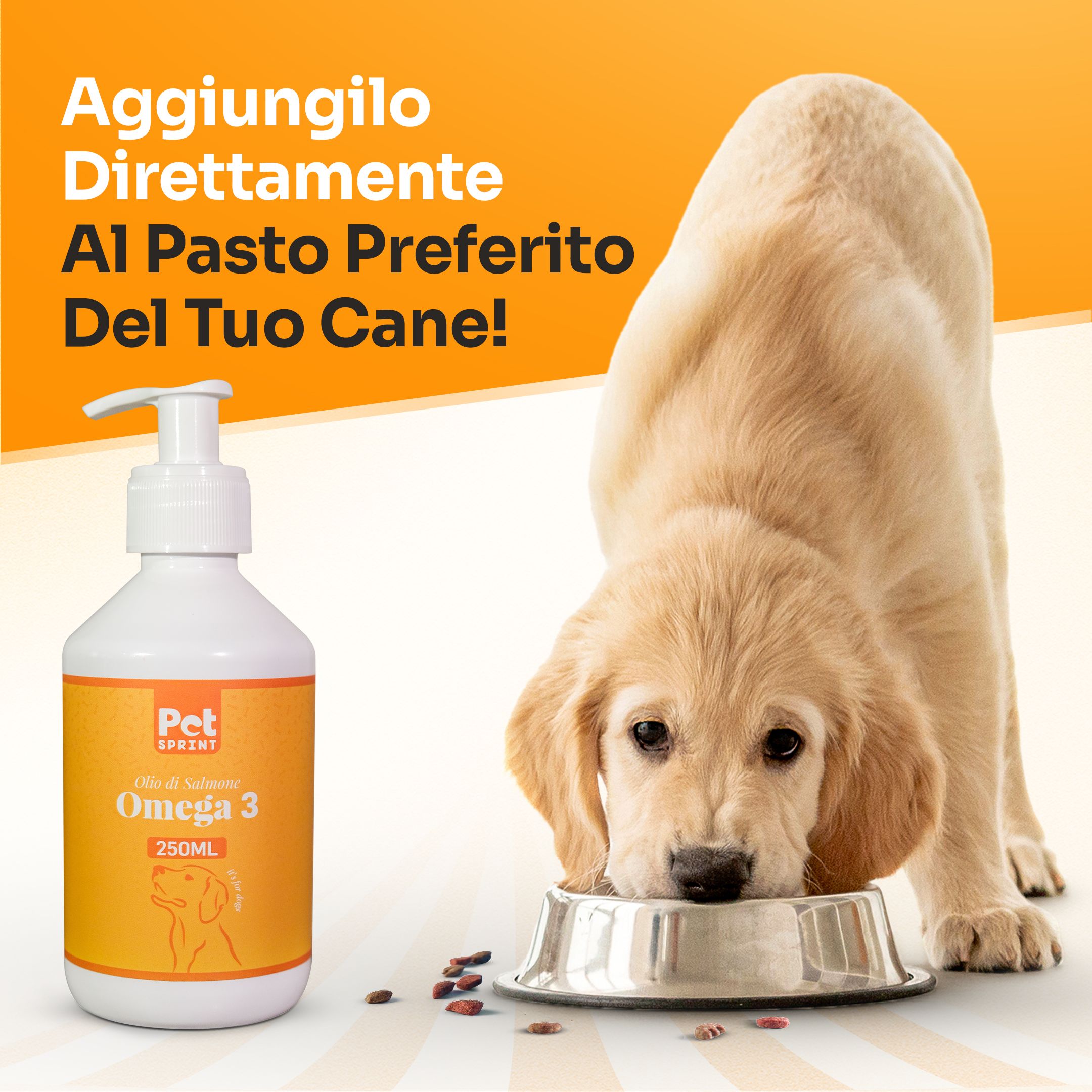 Flacone con dosatore accanto a cane che mangia. Etichetta arancione con testo. Testo: Omega 3, 250ml.