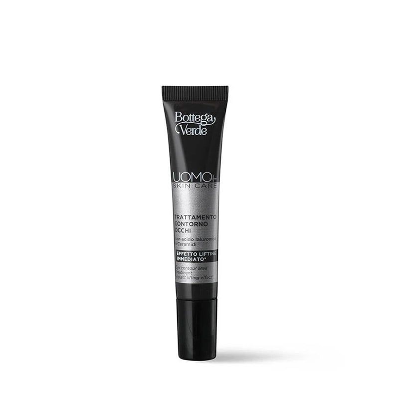 Tubo nero con tappo verde. Scritte: Bottega Verde, UOMO Skin Care, Trattamento contorno occhi, Effetto lifting immediato.