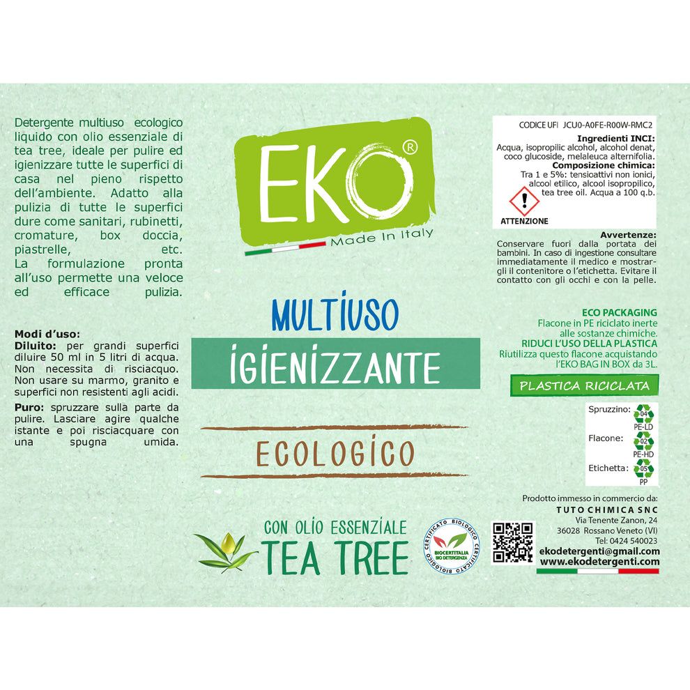 Etichetta di un detergente ecologico multiuso con olio essenziale di tea tree EKO.