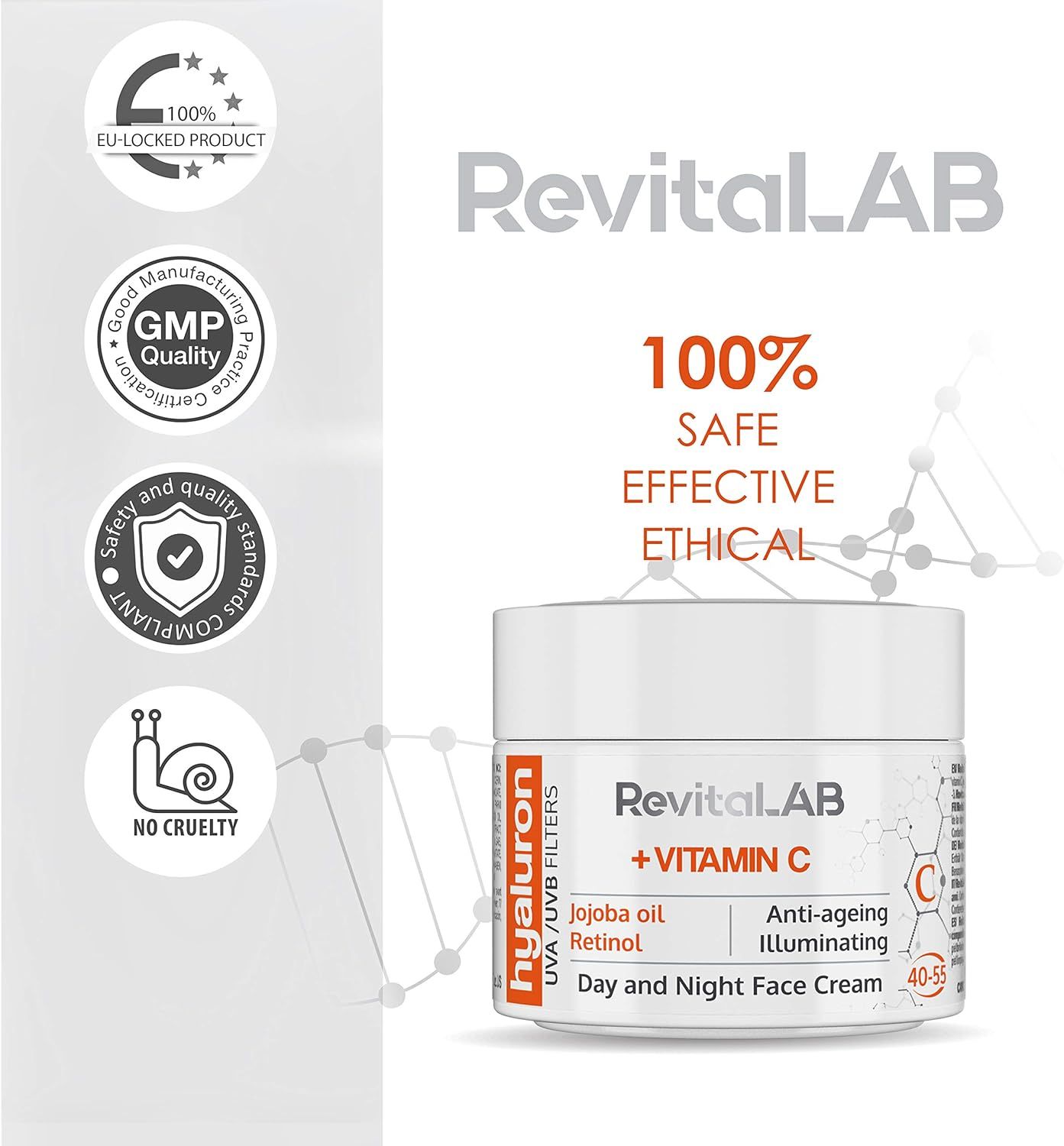 Vasetto di crema con loghi e certificazioni. Testo: RevitaLAB, Vitamina C, 100% Safe, Effective, Ethical.