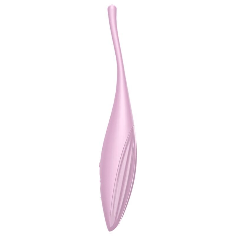 Vibratore rosa dalla forma curva. Superficie scanalata. Due pulsanti. 