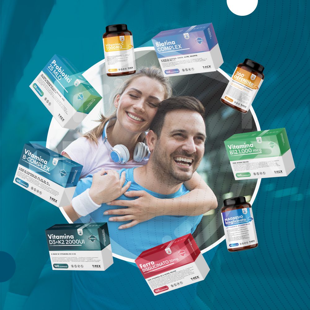 Collage integratori Vitamina T-Rex, inclusa Vitamina B-Complex, con coppia sorridente.
