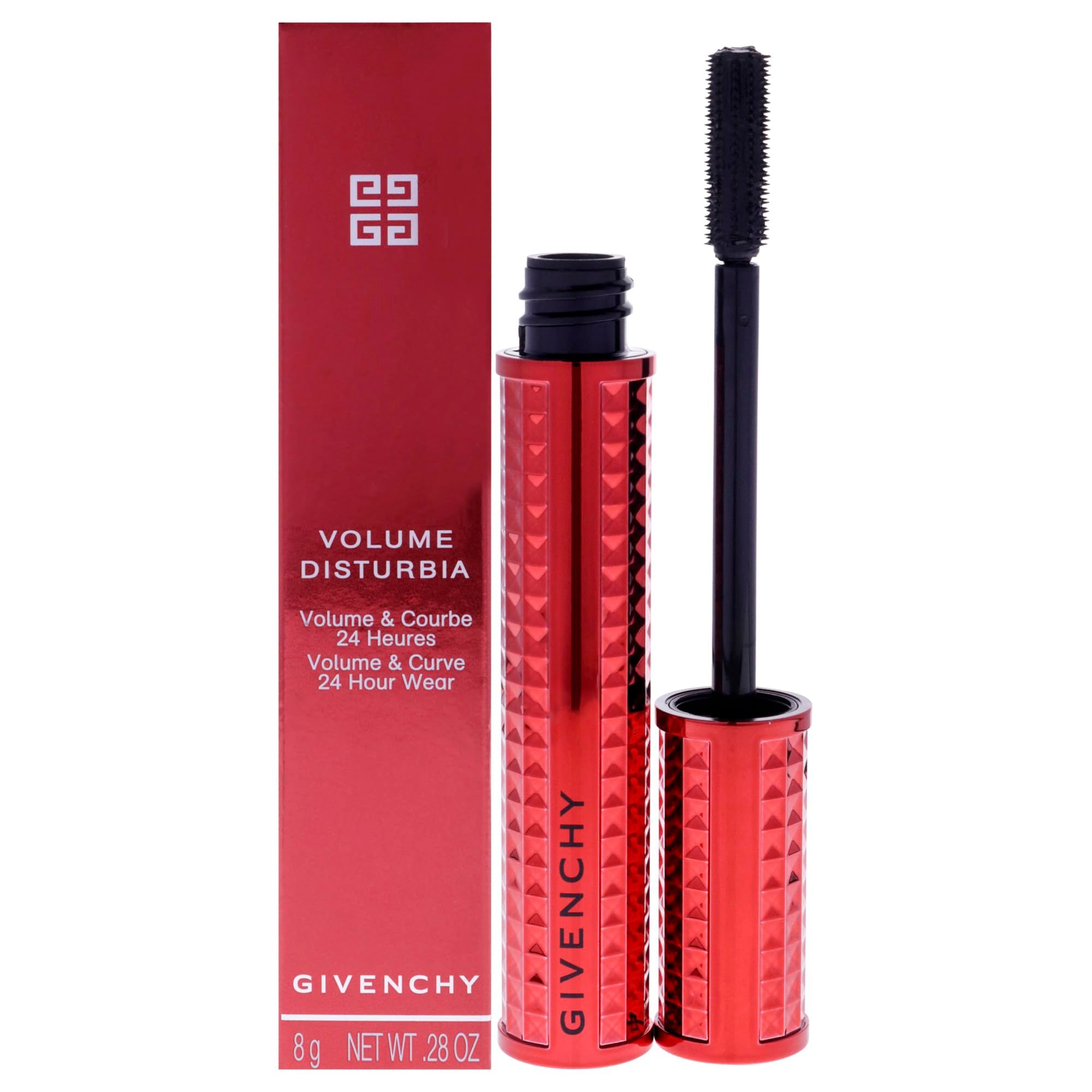 Tubo e confezione mascara rossi. Pennello nero. Testo: VOLUME DISTURBIA, GIVENCHY, 8 g NET WT. 28 OZ.