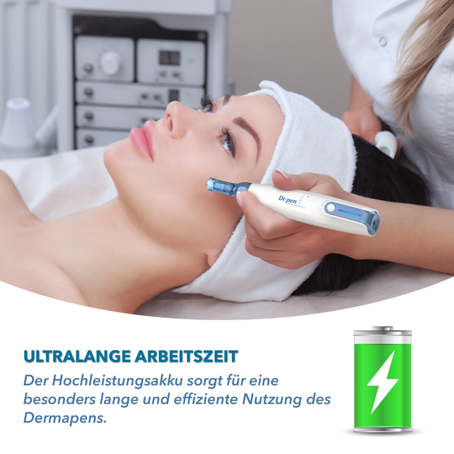 Donna che riceve un trattamento Dermapen. Testo: Autonomia ultra-lunga, batteria ad alte prestazioni.