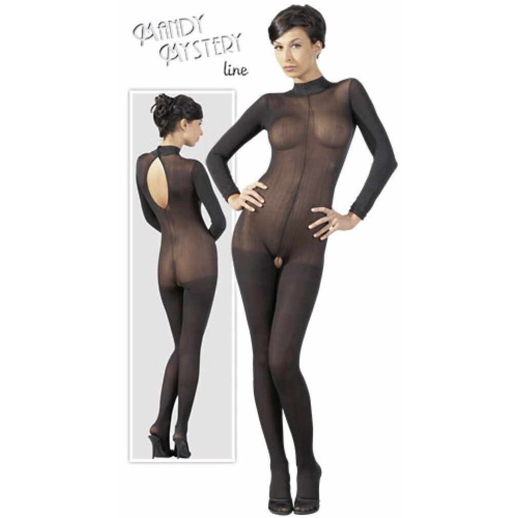 Tuta intera nera trasparente con maniche lunghe e collo alto. Spacco sulla schiena. Scritta: Kandy Mystery Line.