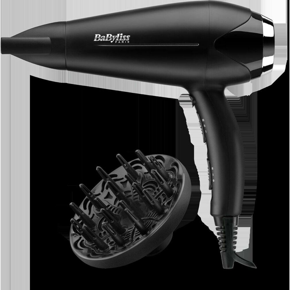 Asciugacapelli nero con diffusore. Marchio BaByliss. Dettagli argento. Cavo di alimentazione.