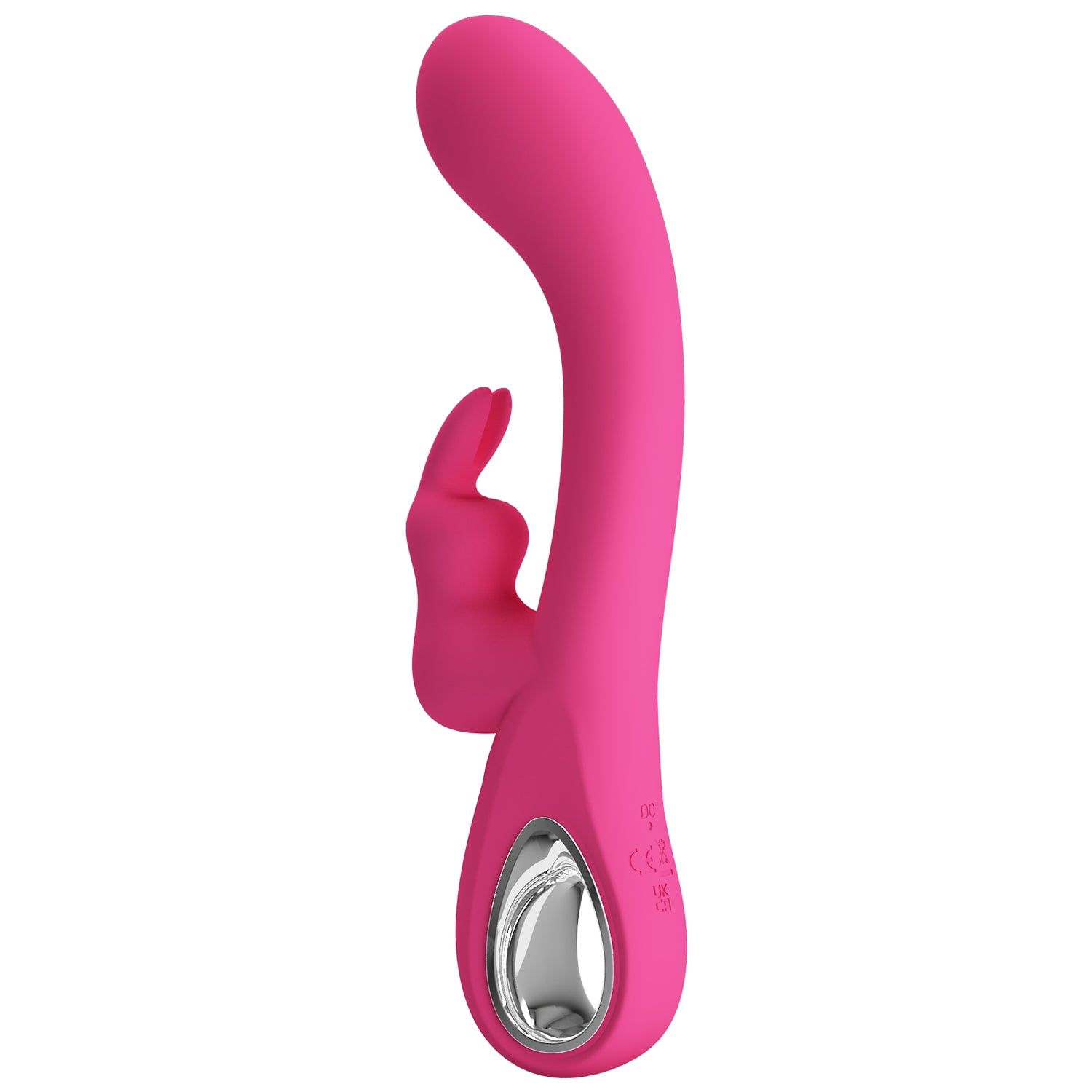 Vibratore rosa con design a orecchie di coniglio. Superficie in silicone, forma ergonomica. Con pulsanti e anello metallico.