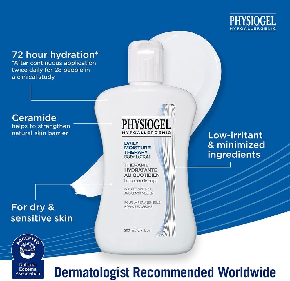 Flacone bianco di lozione. Testo: PHYSIOGEL, DAILY MOISTURE THERAPY, per pelli secche e sensibili. Raccomandato dai dermatologi.
