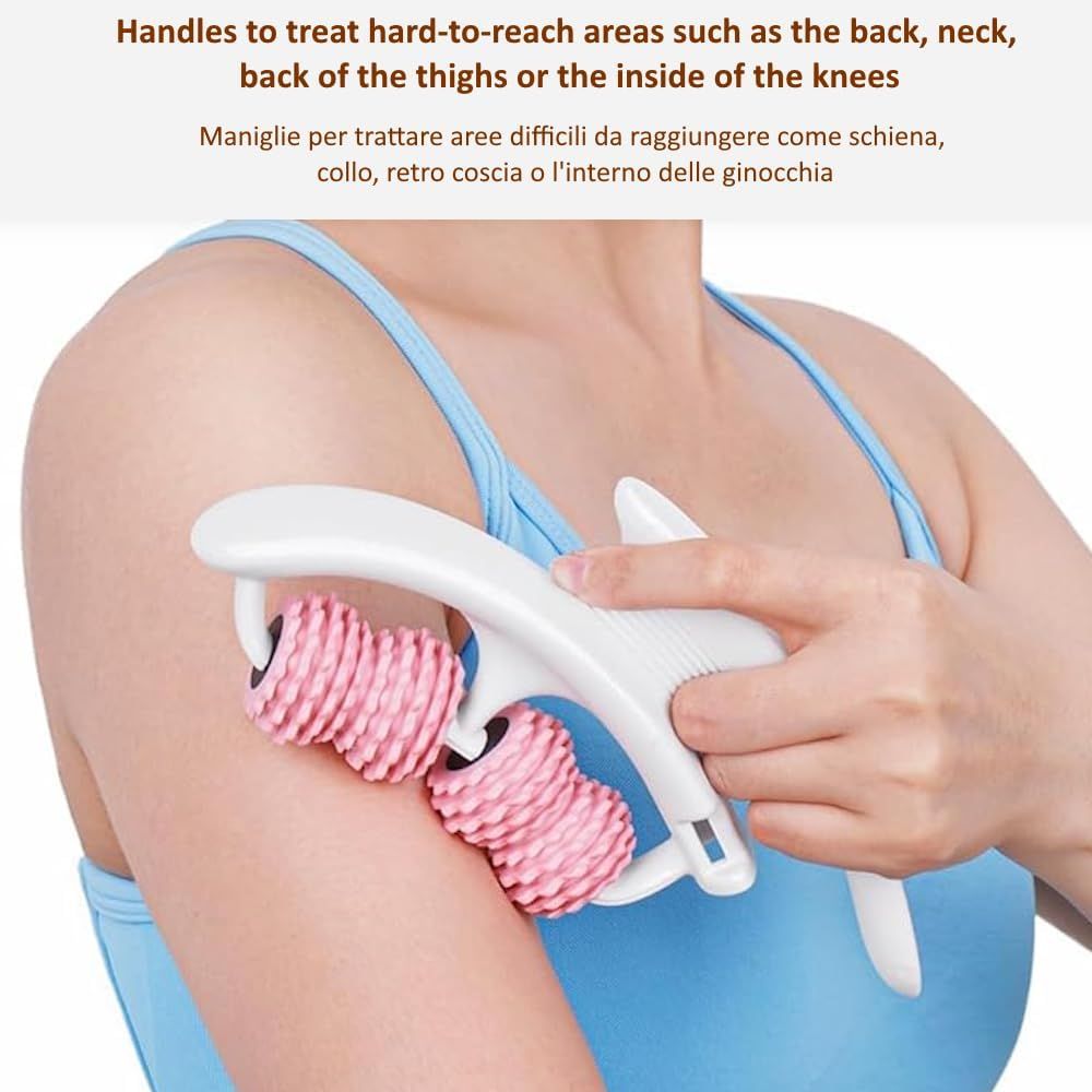 Persona che tiene un rullo massaggiante bianco con rulli rosa. Il prodotto viene utilizzato sul braccio. Le maniglie sono visibili.