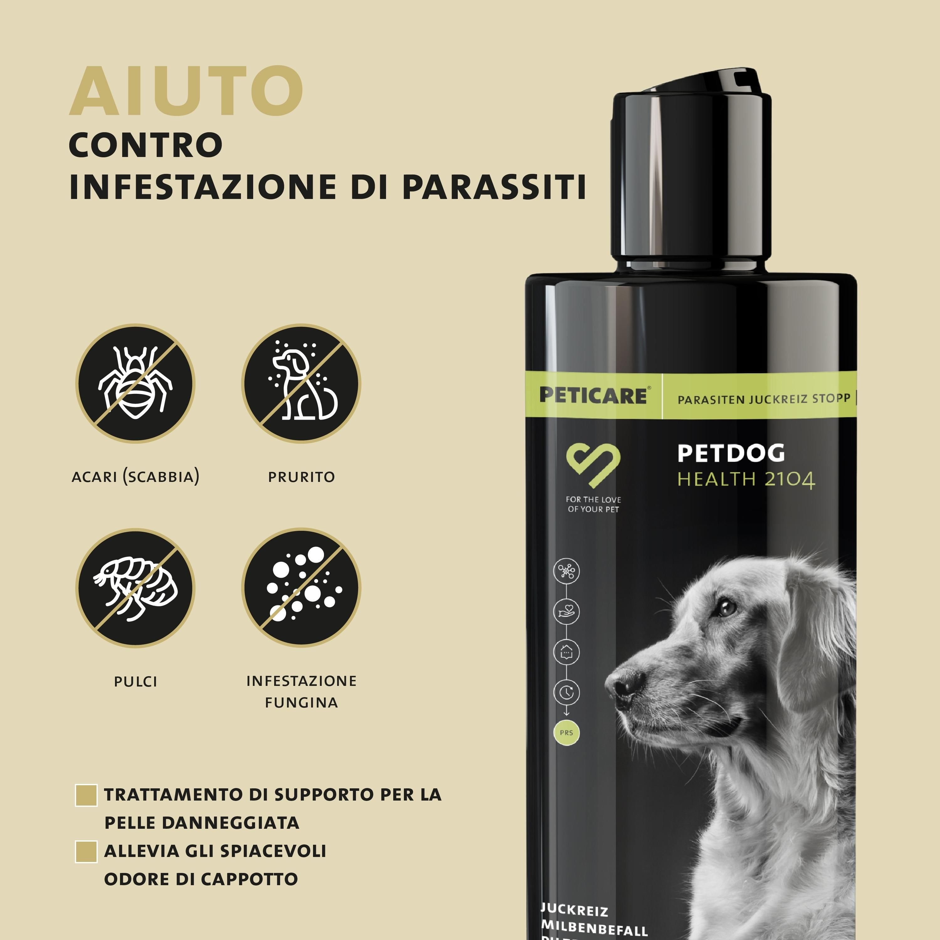 Flacone del prodotto con testo e simboli. Testo: Peticare, Petdog Health 2104. Illustrazione: Cane.