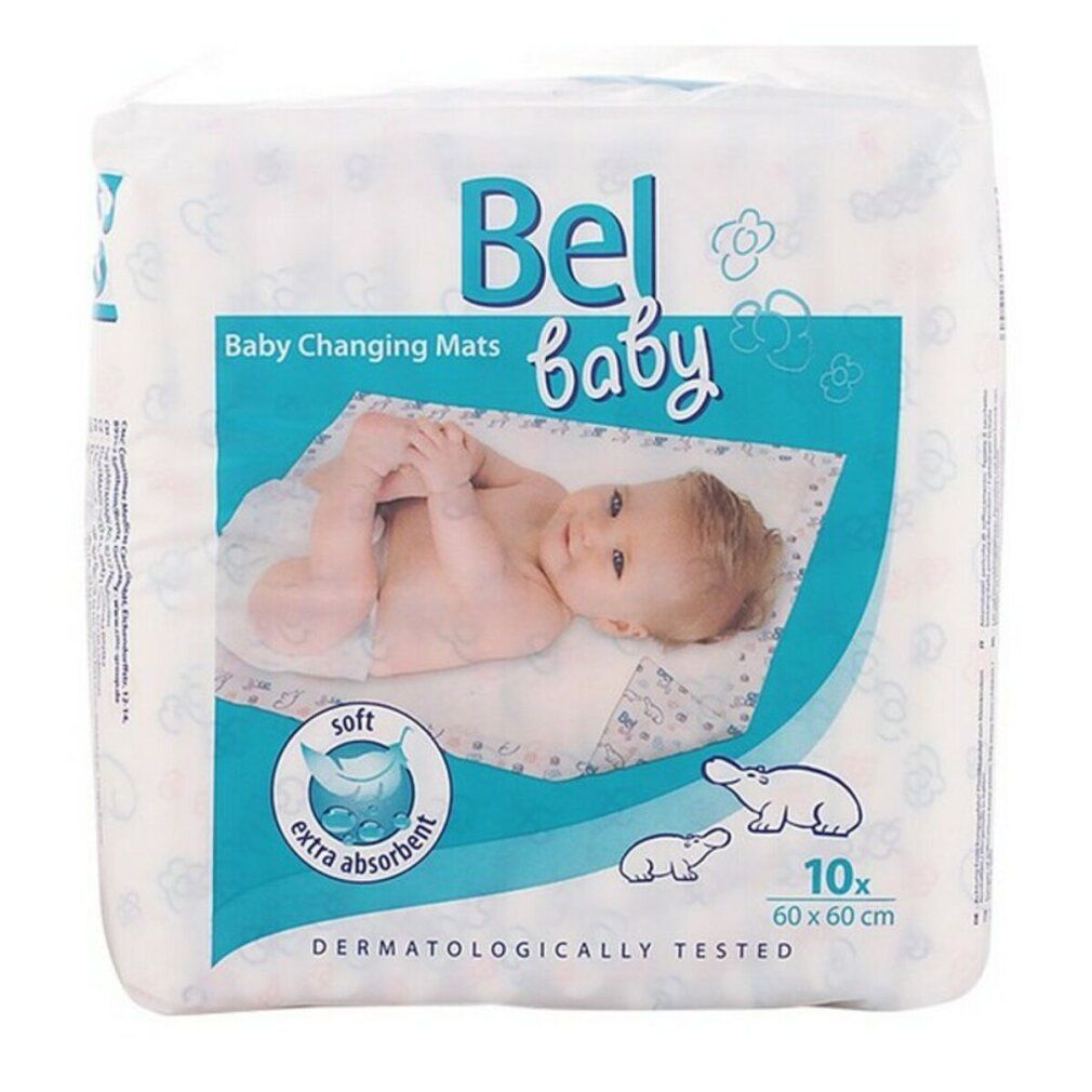 Confezione di materassini per il cambio Bel Baby. Dieci pezzi, 60x60cm. Morbido ed extra assorbente. Dermatologicamente testato. Bambino sulla confezione.