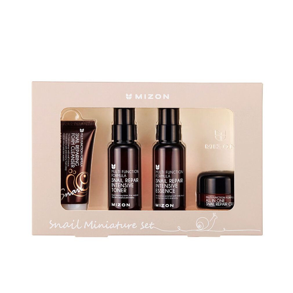 Set di miniature di lusso con lumaca. Quattro prodotti in scatola rettangolare. Contiene toner, essenza, crema e detergente. Marchio: Mizon.