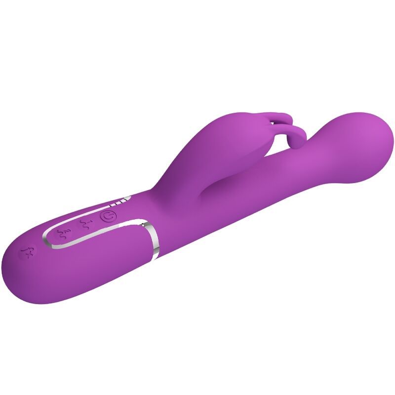 Vibratore coniglio viola, vista tre quarti anteriore con controlli argentati.