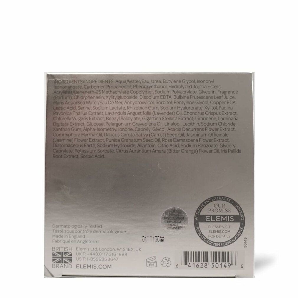 Retro della confezione. Testo: Ingredienti, Dermatologicamente testato, logo Elemis, indirizzo del sito web.