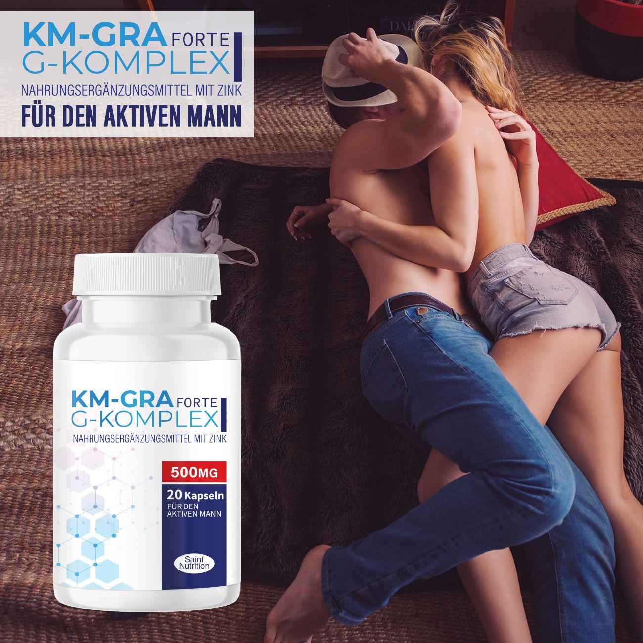 Flacone del prodotto con testo. Testo: KM-GRA Forte G-Komplex, per l'uomo attivo, 500mg, 20 capsule. Coppia a letto.
