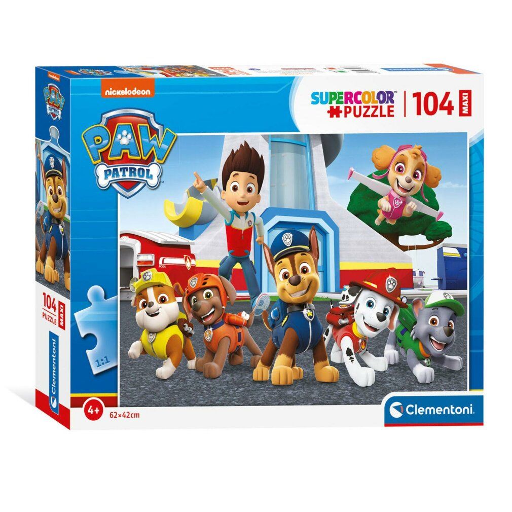 Scatola Clementoni Maxi Puzzle Paw Patrol, 104 pezzi. Personaggi: Ryder, Chase, Marshall, Skye, Rubble. Testo: 104 Maxi, 62x42cm.