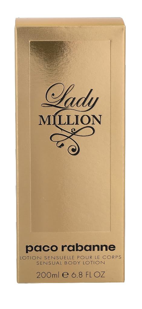 Confezione rettangolare dorata con 'Lady Million' e 'Paco Rabanne'. 200ml.