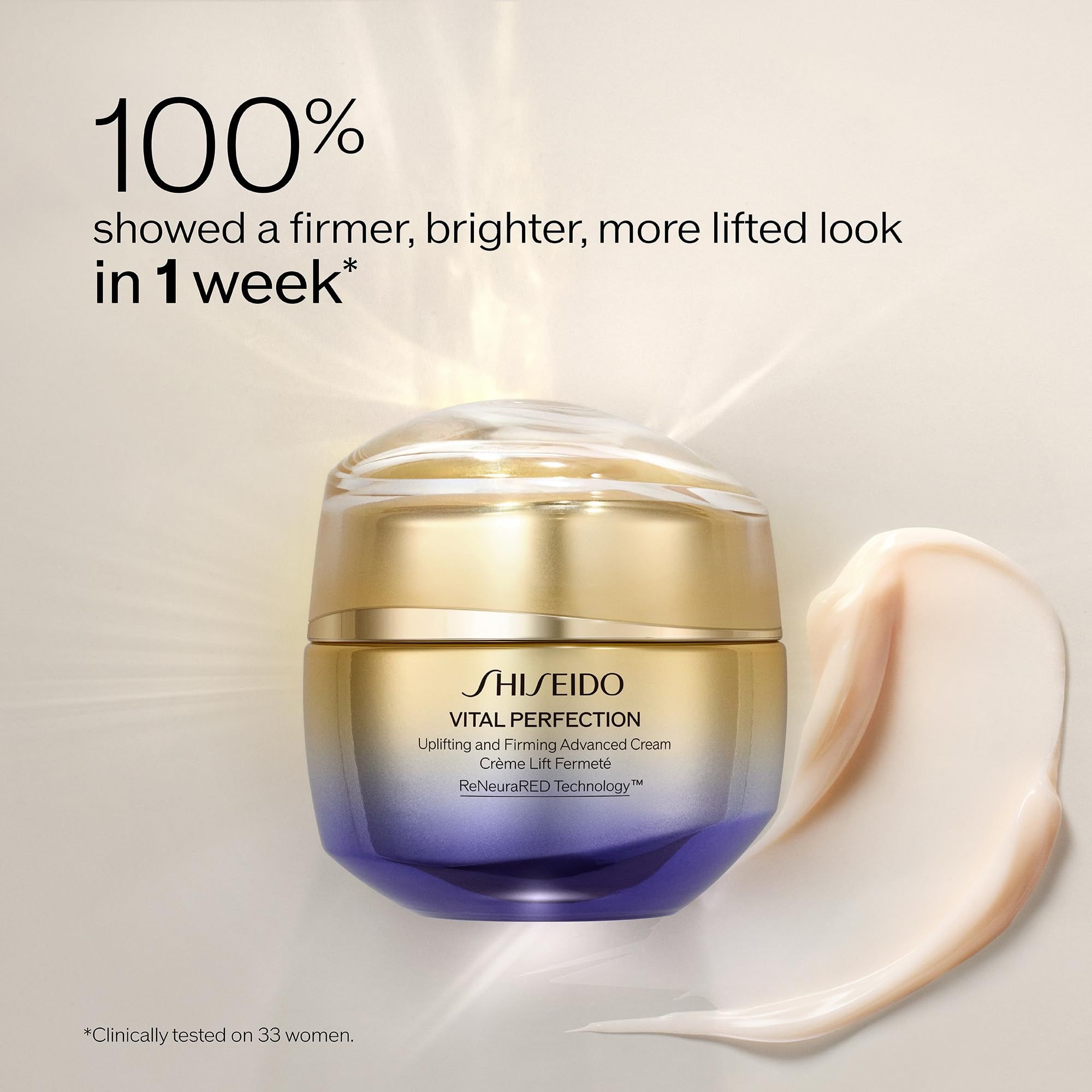 Vaso di crema Shiseido Vital Perfection. Sfumatura oro-blu. Testo: il 100% ha mostrato un aspetto più sodo e luminoso in 1 settimana.