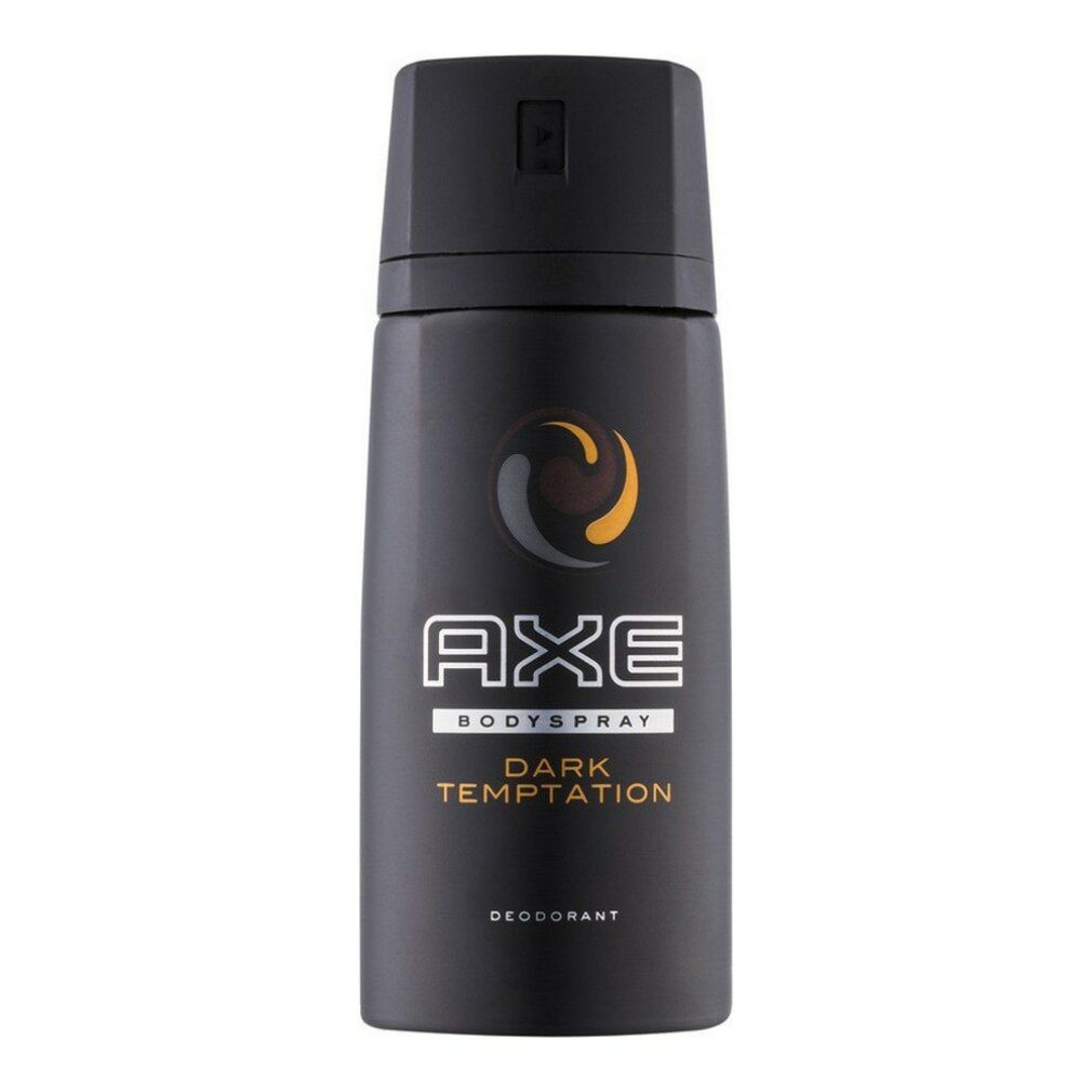 Bomboletta spray deodorante nera. Scritta: AXE BODYSPRAY DARK TEMPTATION DEODORANT. Logo con dettagli gialli.