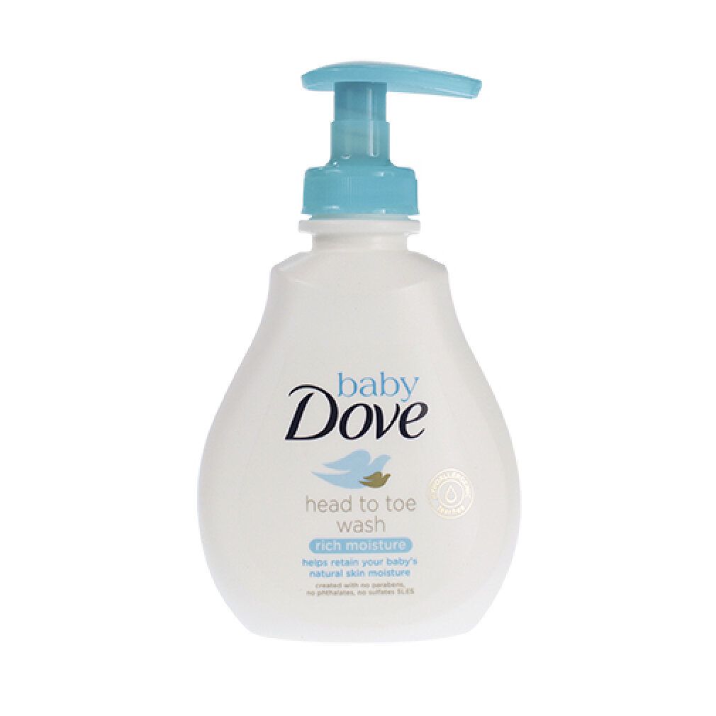 Flacone di Baby Dove bianco con erogatore blu. Scritta: head to toe wash, rich moisture.