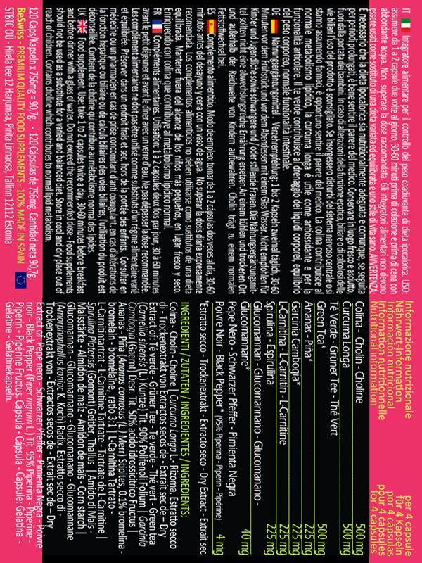 Retro della confezione con testo multilingue. Elenco ingredienti, informazioni nutrizionali e informazioni.