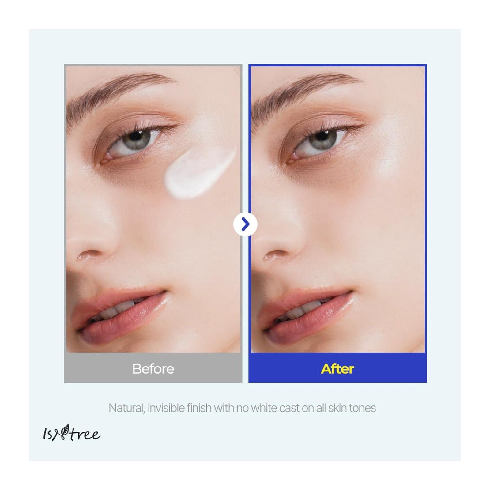 Confronto prima/dopo della crema solare naturale Isntree Hyaluronic Acid sulla pelle.
