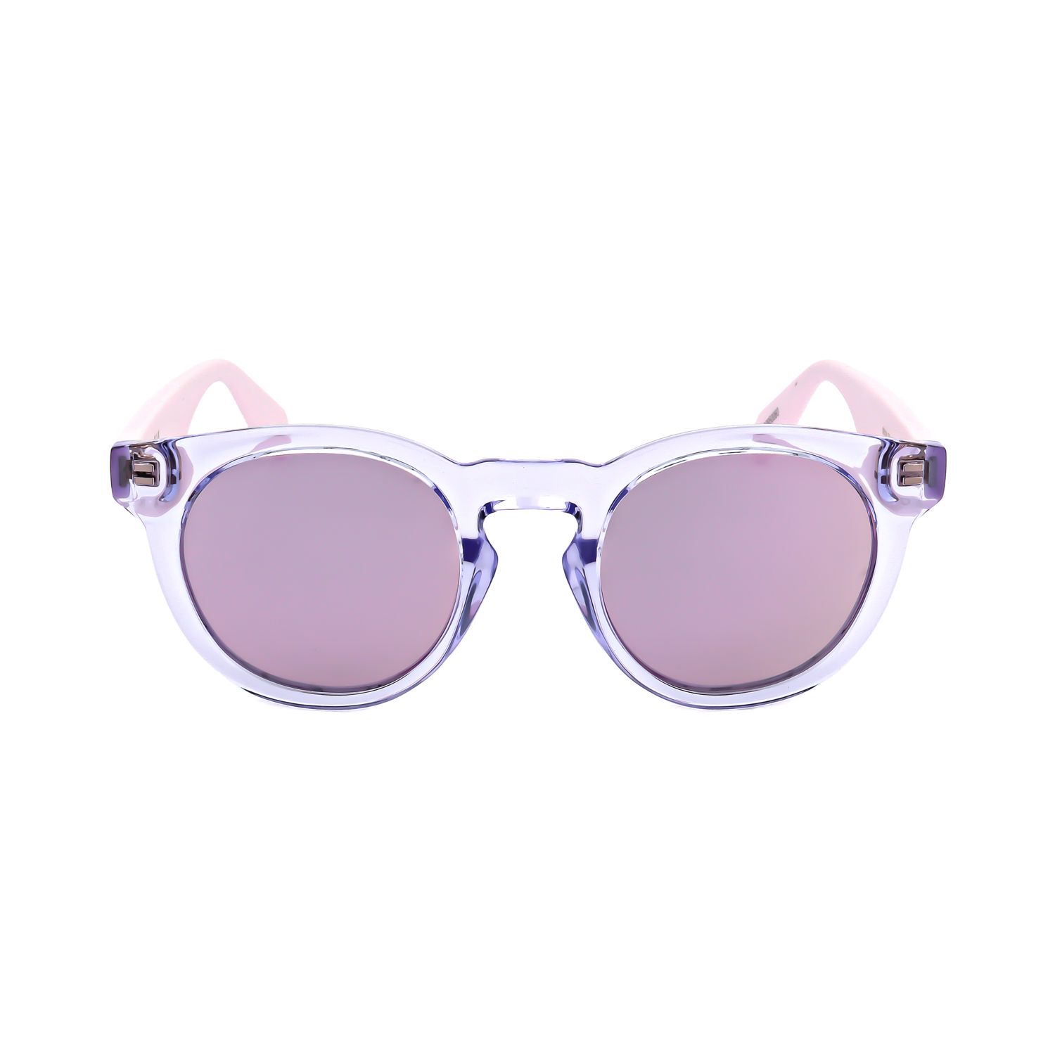 Occhiali da sole rotondi trasparenti con lenti viola e aste rosa chiaro.