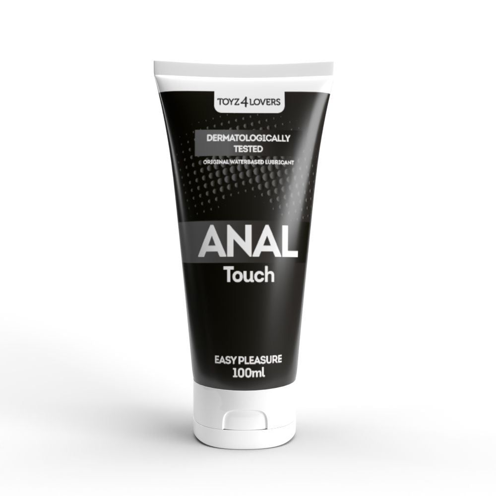 Tubo nero con tappo bianco. Scritta "ANAL Touch". "Dermatologicamente testato". Marchio: TOYZ4LOVERS. "Easy Pleasure".
