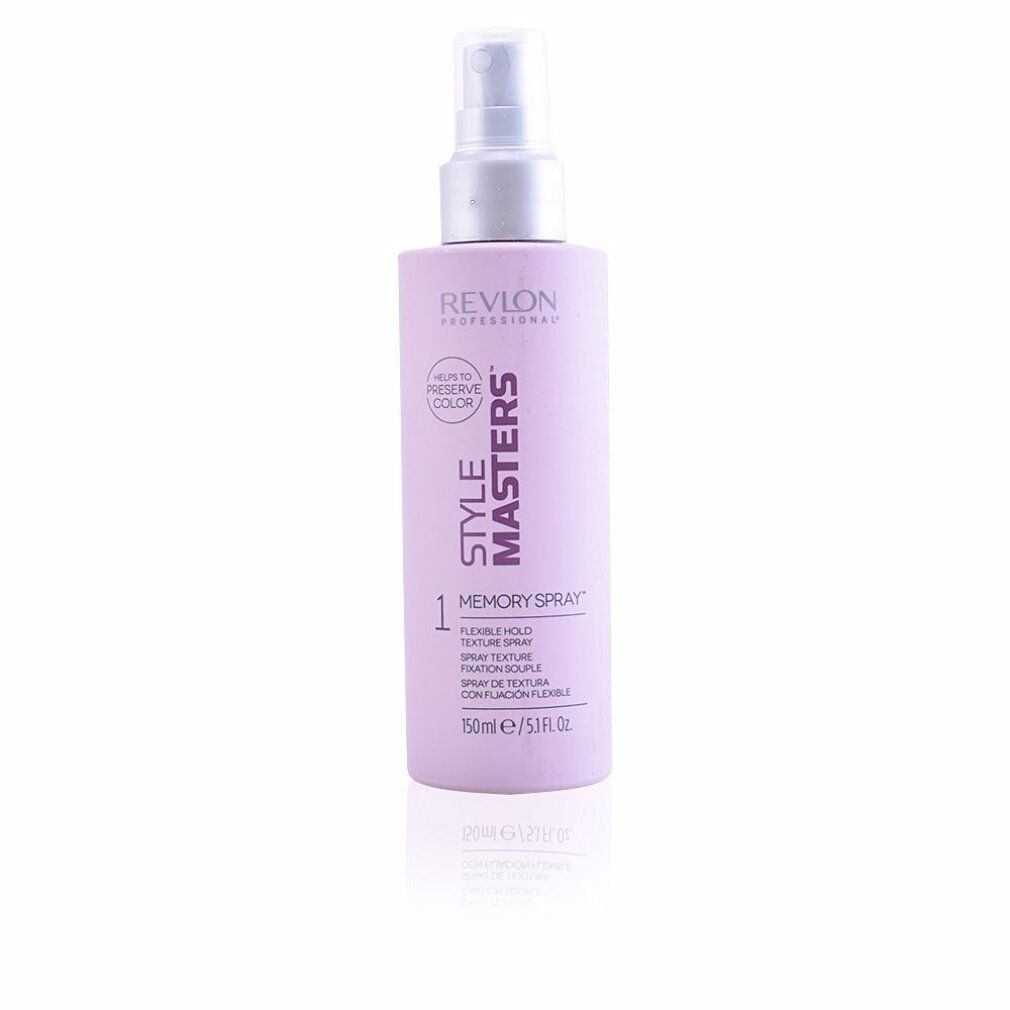Flacone spray per capelli lilla. Testo: Revlon Style Masters, Memory Spray, Flexible Hold Texture Spray. Con erogatore.