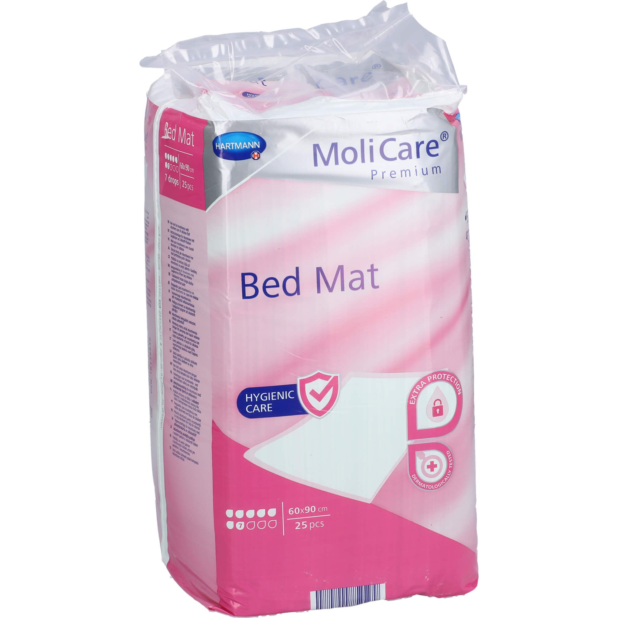 Confezione di teli letto. Marchio Hartmann MoliCare Premium. Confezione rosa con informazioni sul prodotto.