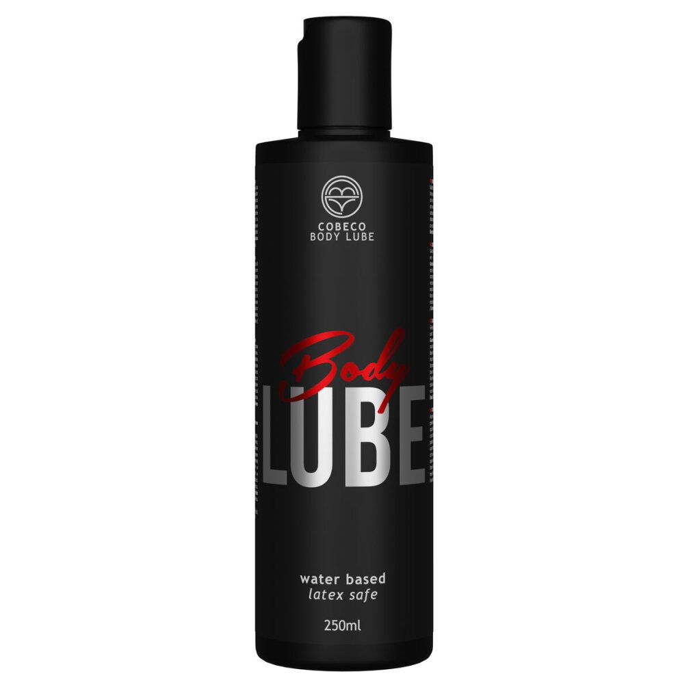 Flacone nero con tappo nero. Scritta "Body LUBE" in bianco e rosso. Testo: "water based latex safe".