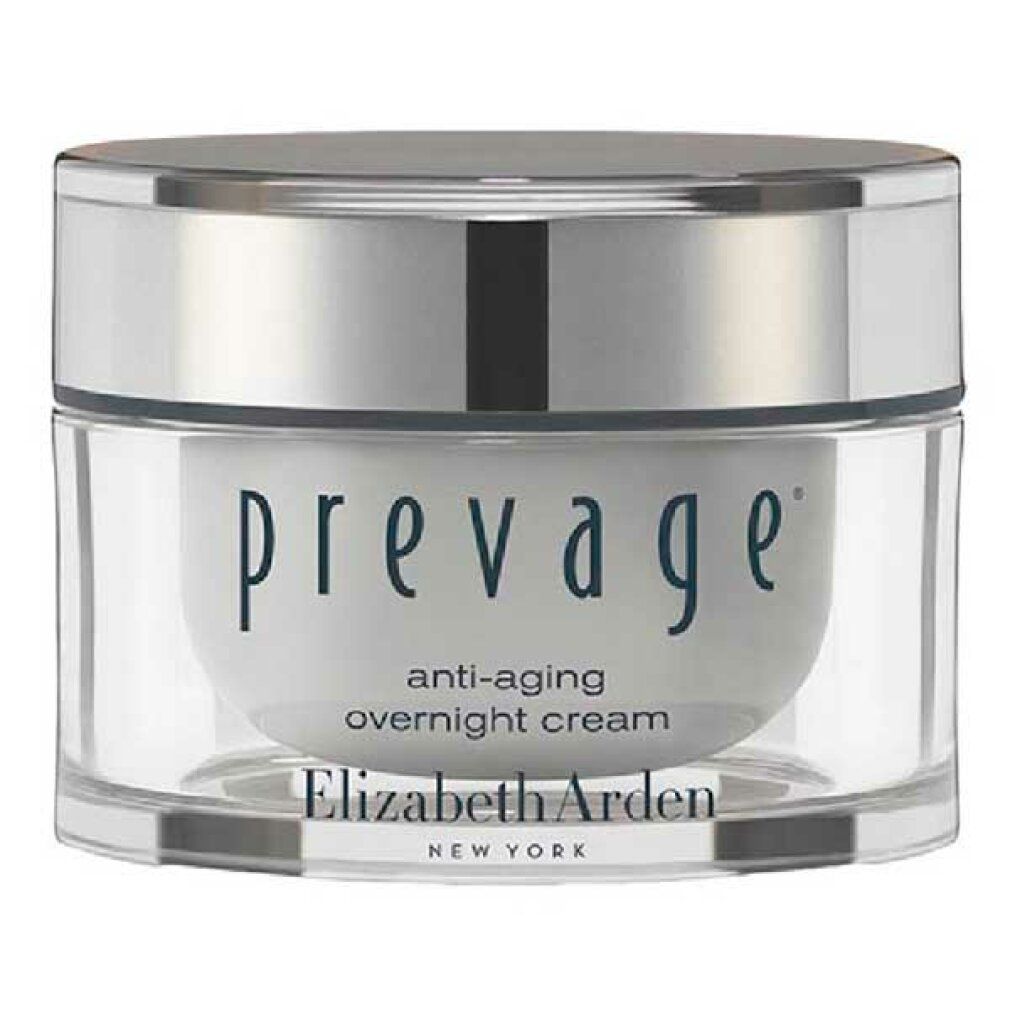 Vaso di crema con coperchio argentato. Scritta: Prevage Anti-Aging Overnight Cream. Marchio: Elizabeth Arden.