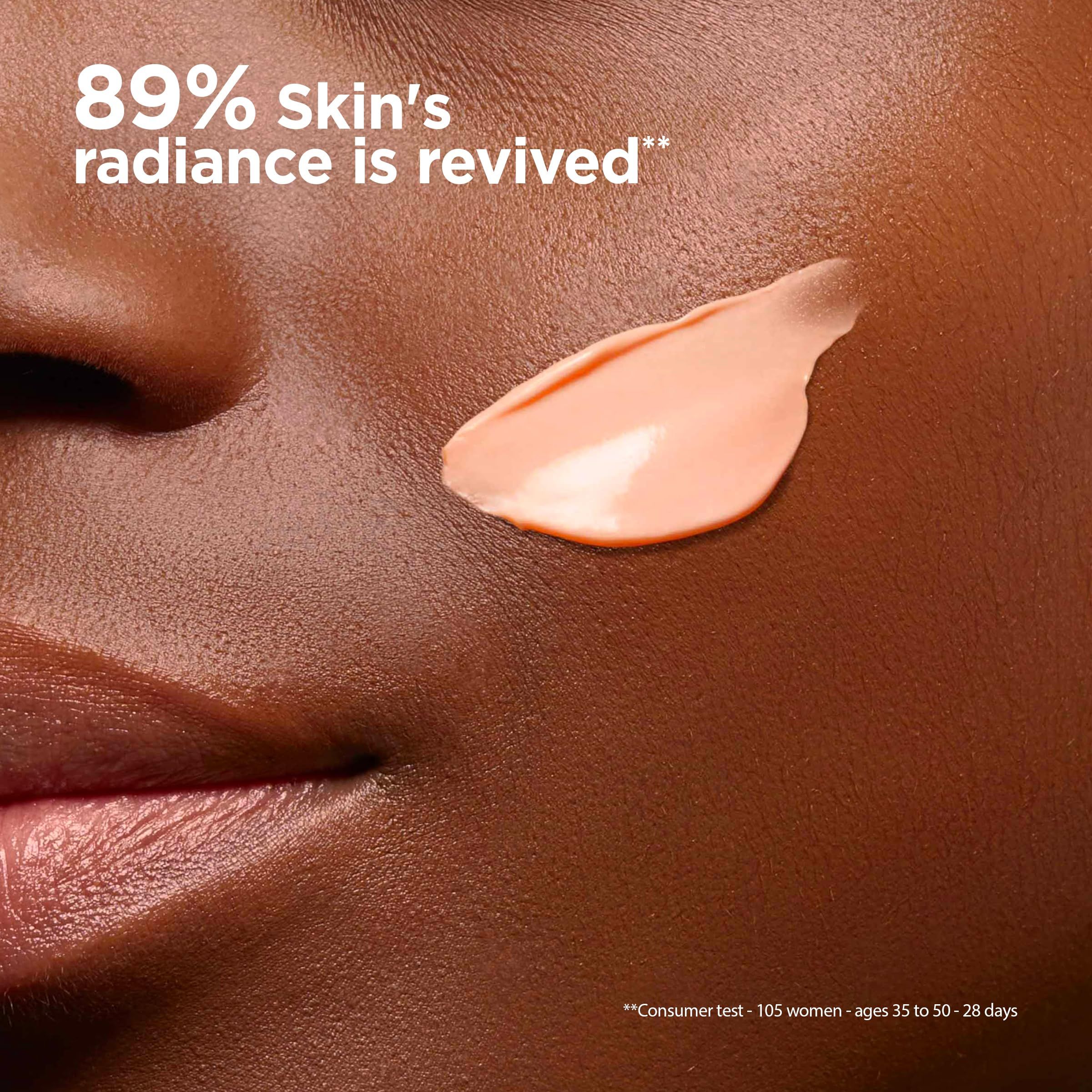 Viso di una persona con crema sulla pelle. Testo: L'89% della luminosità della pelle è rivitalizzata.