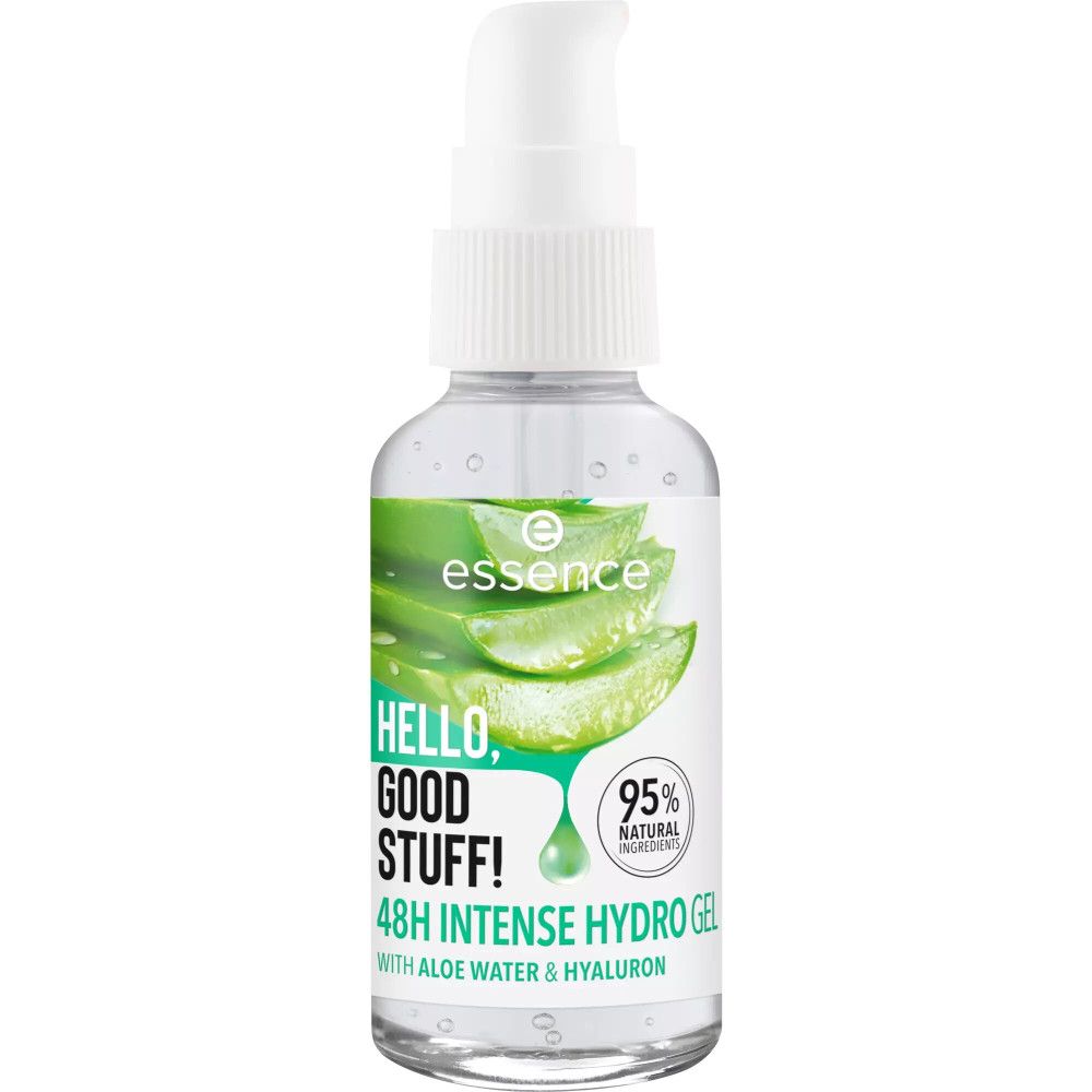 Flacone di gel trasparente con pompa. Etichetta con aloe vera e testo: Hello, Good Stuff! 48h Intense Hydro Gel.