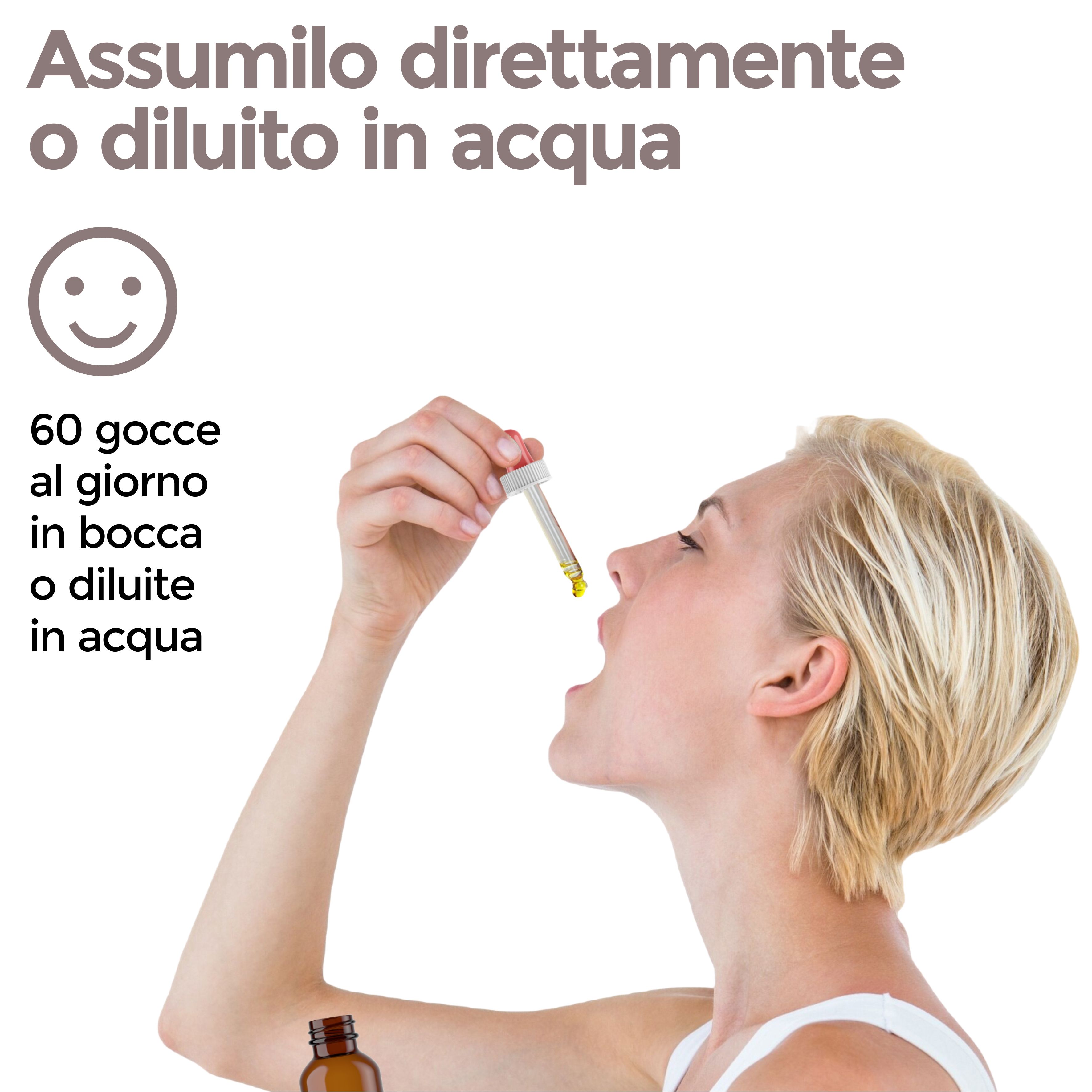 Donna che prende gocce da un flacone con un contagocce in bocca. Flacone marrone sullo sfondo.