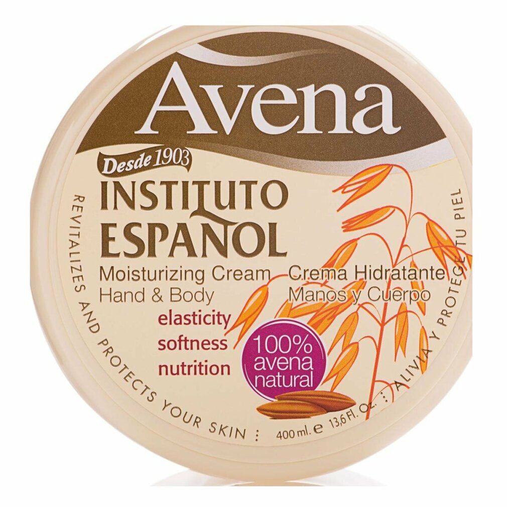 Barattolo rotondo di crema idratante Instituto Español Avena. Scritta Avena, illustrazione avena, 400ml, 100% Avena natural.