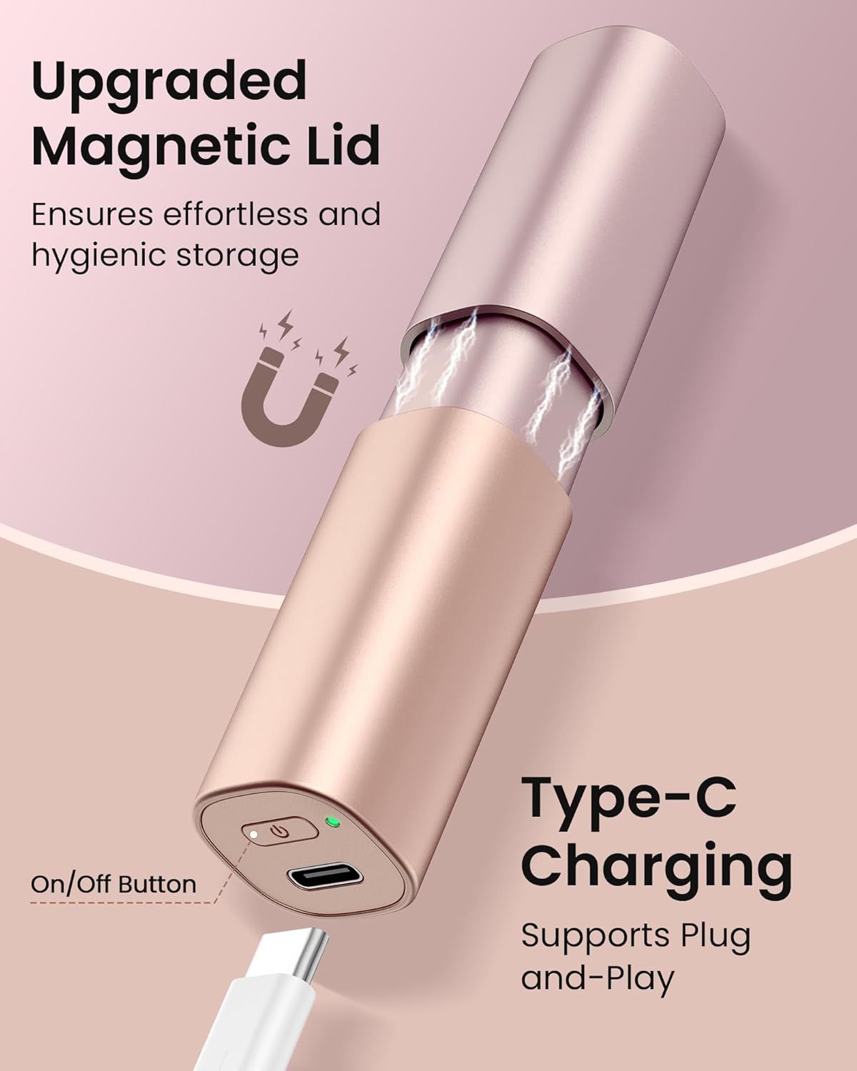 Epilatore viso rosa con coperchio magnetico. Testo: Ricarica Type-C. Pulsante On/Off. Porta USB-C. Cavo di ricarica bianco.