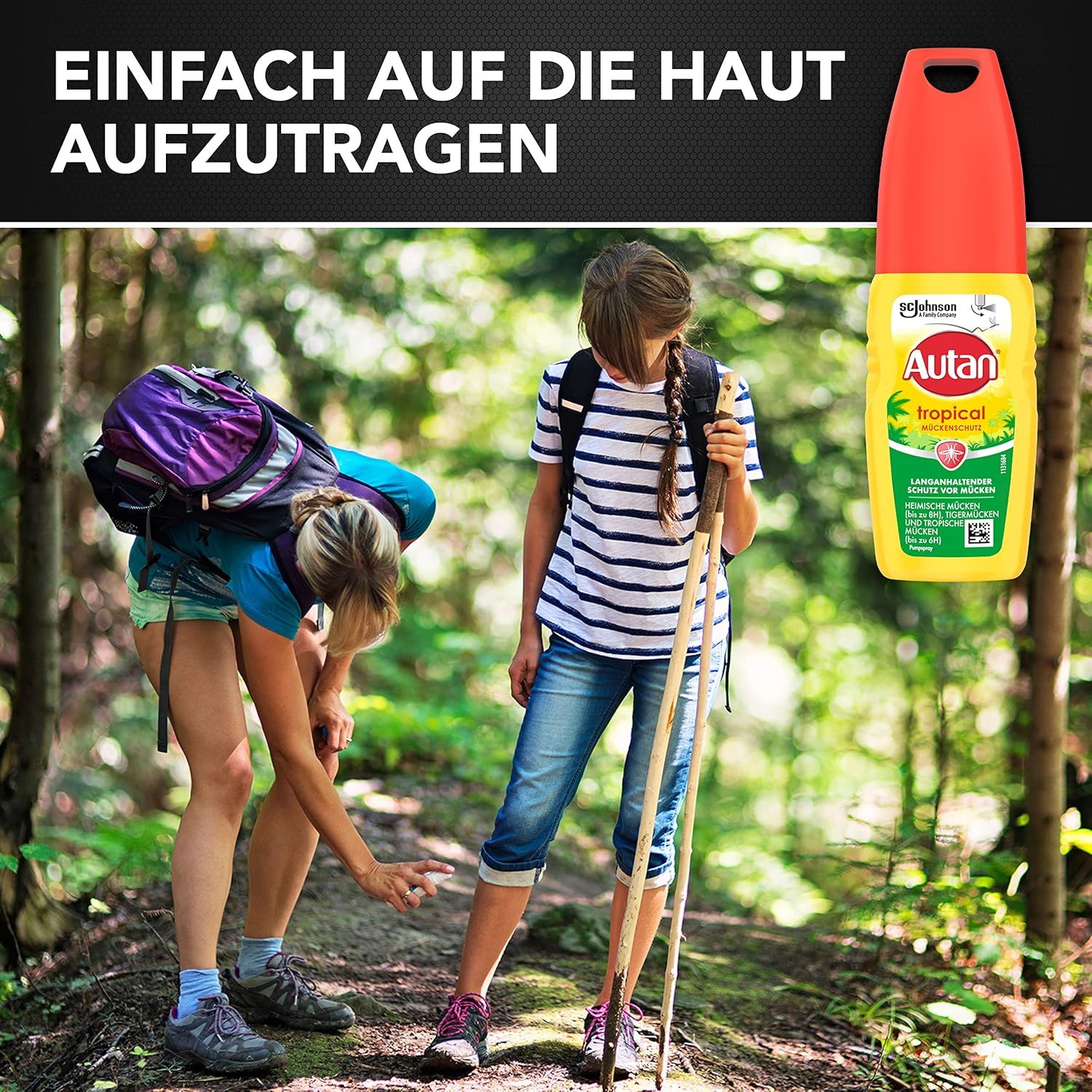 Autan Tropical. Due ragazze nel bosco. Testo: Facile da applicare sulla pelle. Bottiglia gialla con tappo rosso.