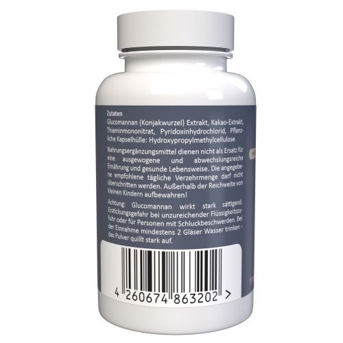 Flacone bianco con elenco ingredienti e codice a barre. Contiene glucomannano, estratto di cacao, tiaminmononitrato, cloridrato di piridossina.