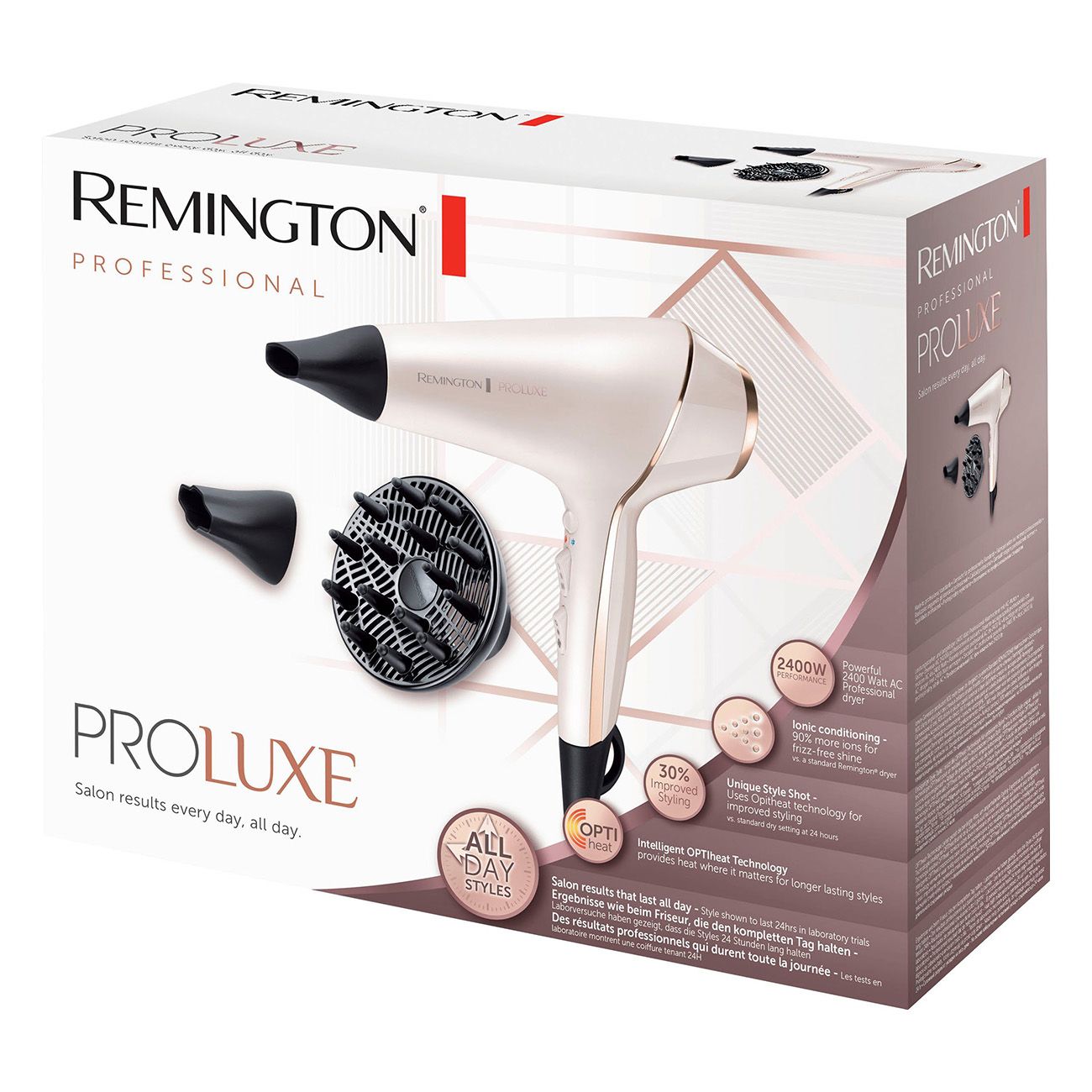 Confezione con asciugacapelli, bocchetta e diffusore. Marchio: Remington Proluxe. Testo.