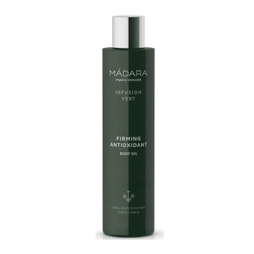 Flacone verde con tappo argentato. Scritta: MÁDARA, Infusion Vert, Firming Antioxidant Body Oil.