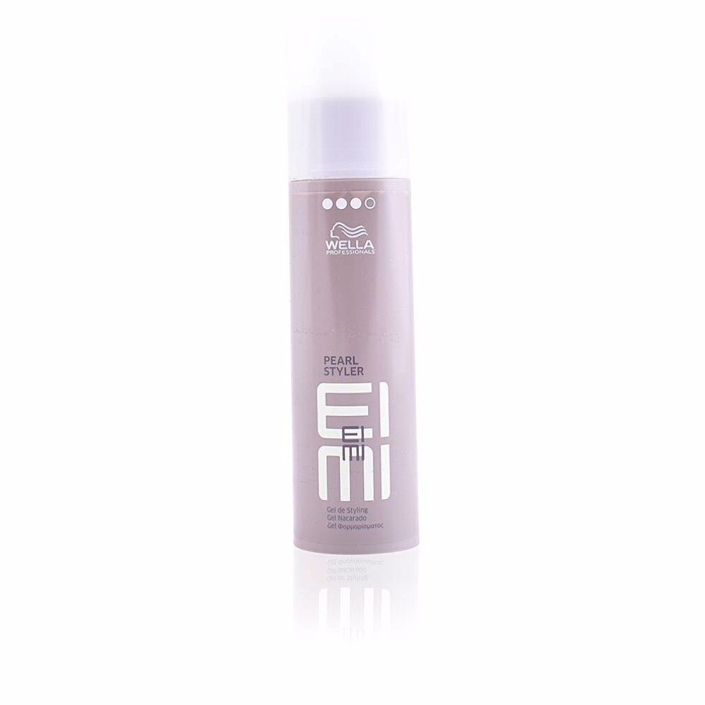 Flacone di gel per lo styling grigio-viola con tappo bianco. Scritta: Wella Eimi Pearl Styler. Quattro punti in alto.